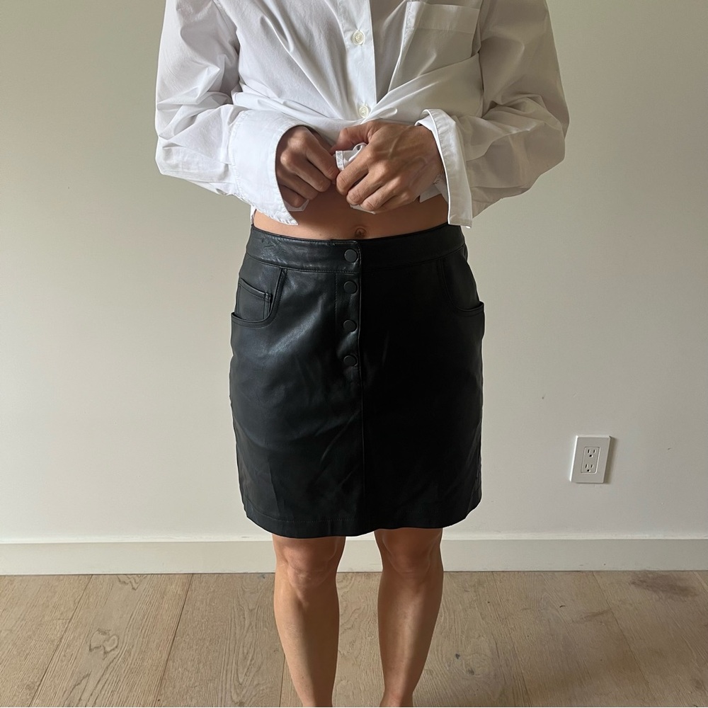 Theory Black Leather Button-Front Mini Skirt